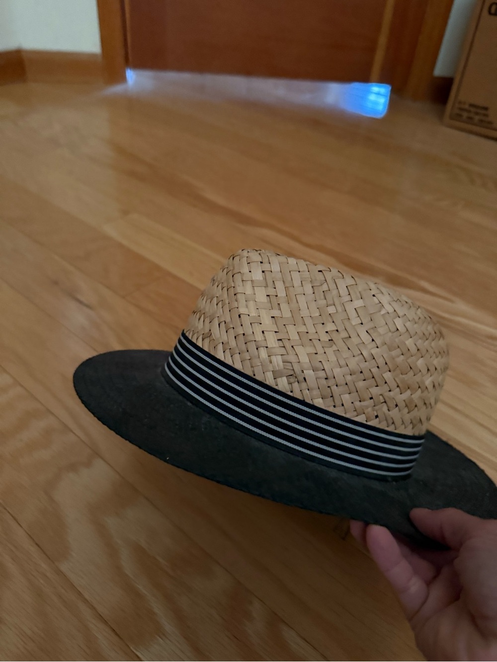 Vince Camuto Two-Tone Straw Fedora with Black Brim and Striped Band